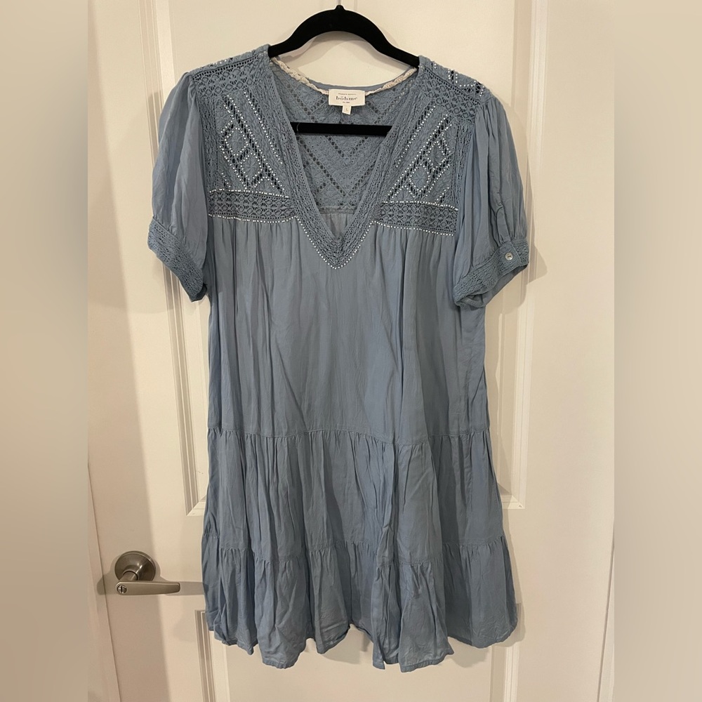 bohme Light Blue Embroidered V-Neck Tiered Dress